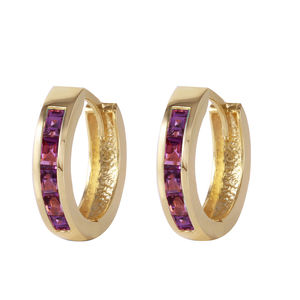 14K. SOLID GOLD HOOP HUGGIE EARRING WITH AMETHYSTS (Yellow Gold)
